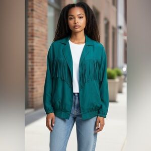 80s Teal Fringe Women's Silk Jacket